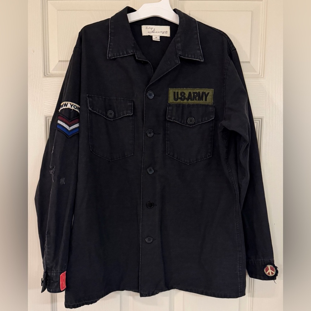 Vintage Havana Distressed Denim Jacket Peace Sign Army Size Medium